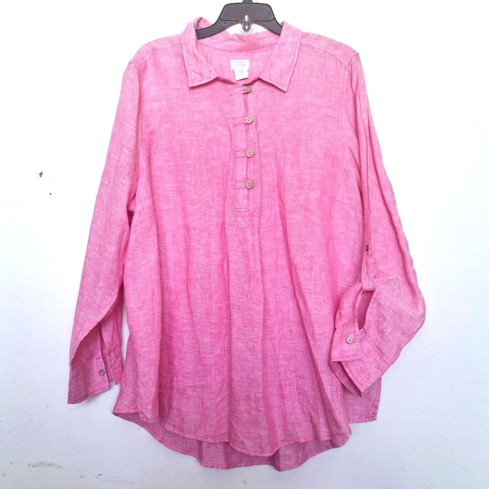 Sigrid Olsen Linen Button Up Tunic 2X Pink Collared Roll Tab Sleeve Summer Top